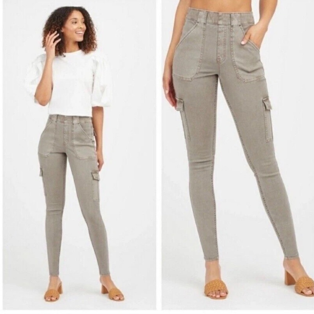 Spanx Stretch Twill Tapered Desert Dune Grey High Rise Skinny Cargo Pants EUC SP